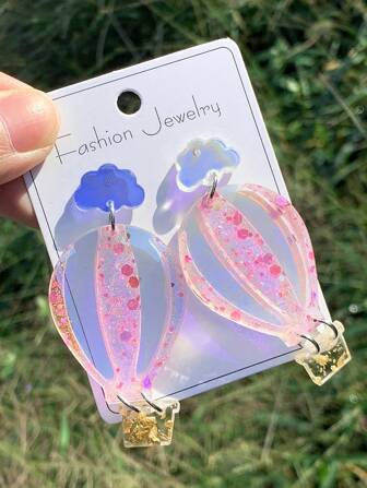 1 Paar übertrieben auffällige, bunte Ohrringe aus Acryl mit Flickwerk-Pailletten-Design in Form eines heißluftballons, modisch, einfach und vielseitig für den täglichen Gebrauch von Frauen