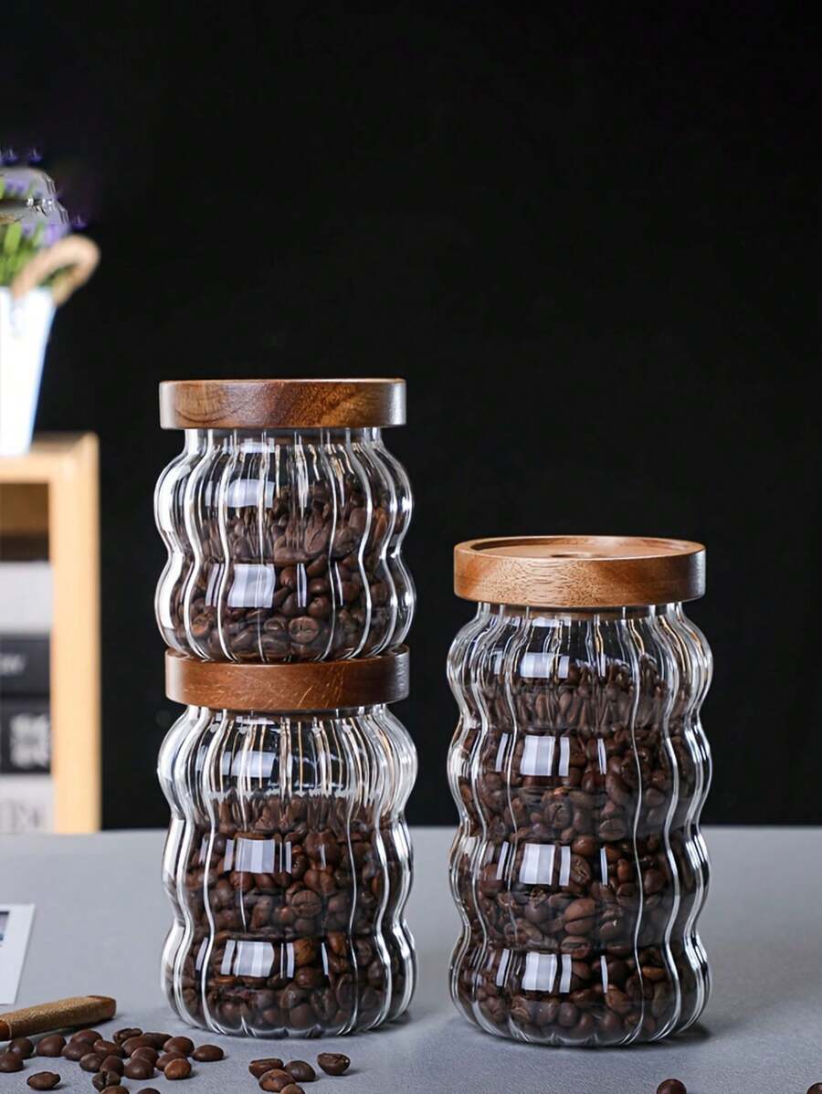 1pc Glass Food Storage Container With Sandalwood Lid, Airtight Sealed Candy Jar, Vertical Striped Transparent Round Storage Canister For Pantry Organization And Storage, Holds Cereals, Rice, Pasta, Flour, Sugar, Kitchen Essentials