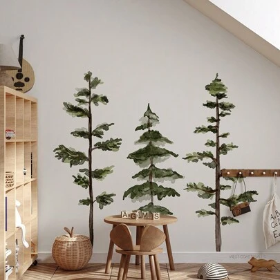 1 Set Watercolor Pine Tree Wall Decals, Woodland Nature Tree Forest Wall Sticker Suitable For Bedroom, Living Room, Dining Room Home Decor