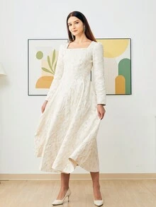Embroidered Long White Square Neck Luxury Party Evening Gown Dress For Women, Wedding Guest Dress