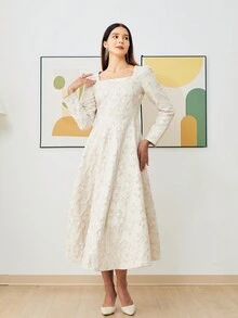 Embroidered Long White Square Neck Luxury Party Evening Gown Dress For Women, Wedding Guest Dress