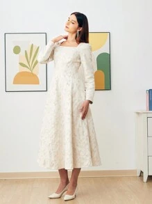 Embroidered Long White Square Neck Luxury Party Evening Gown Dress For Women, Wedding Guest Dress