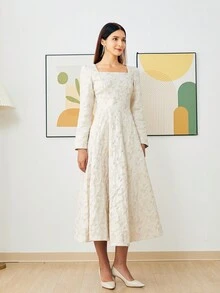 Embroidered Long White Square Neck Luxury Party Evening Gown Dress For Women, Wedding Guest Dress