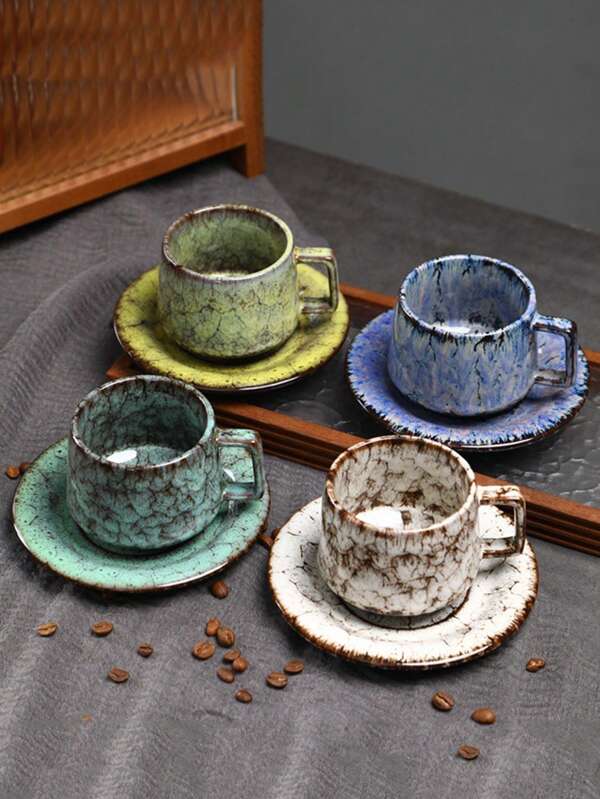 Caneca de café de cerâmica com esmalte craquelado de 180 ml, estilo vintage, xícara de café da manhã, xícara de expresso, xícara de latte com pires, para uso doméstico e no escritório, volta às aulas