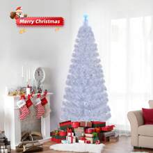 6 FT Pre-Lit Christmas Tree, Artificial Fiber Optic Christmas Tree With Lighted Top Star And 220 Branch Tips, Holiday Xmas Decoration Tree For Home Office Store Party, White - White - View 1
