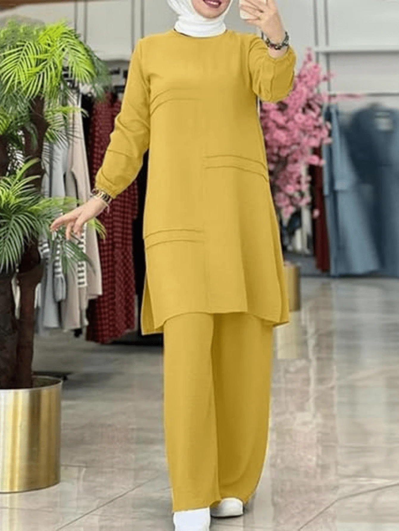 Women's Solid Color Long Sleeve Simple Top And Long Pants Arabic Style Casual Outfit, Modest - Yellow - View 1