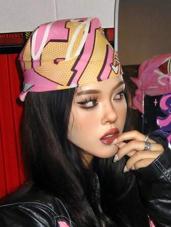 复古美式原宿风粉色字母头巾时尚围巾头箍抹胸腰带轻便小围巾