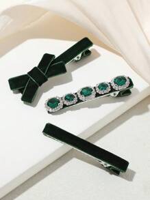 3pcs Women's Elegant Fashion Crystal Butterfly Barrettes, Olive Green Hair Clips Suitable For Daily Decoration Valentines - Dark Green - View 4