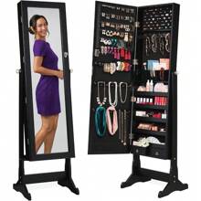 Best Choice Products Freestanding Jewelry Armoire Cabinet, Full Length Standing Mirror, Lockable Makeup Storage Organizer, W/Velvet Lining, 3 Angles, Lock, Accessory Pouch, 5 Shelves - Black - Natural Oak - View 8