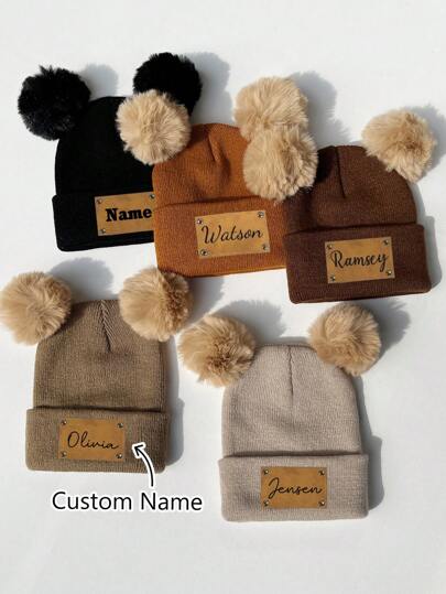 1 Peça Etiqueta de Couro com Gravação a Laser Personalizada Pompom, Gorro de Malha para Crianças, Cor Dopamina, Adequado para Uso Diário, Volta às Aulas, Presente de Inverno, Dia dos Namorados, Crianças, Noite de Gala