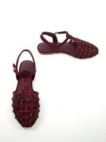 Women's Rhinestone Decor Hollow Design Burgundy Faux Suede Flats With Ankle Strap, Round Toe, Stylish For Daily Wear And Party