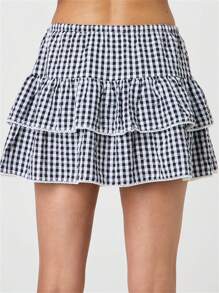 Womens Plaid Mini Skirt Elastic Waist A-Line Layered Ruffle Skirt Casual Streetwear