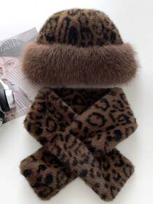 1set Leopard Print Fluffy Hat & Scarf Set, Warm Plush Fur Hood Earflaps Hat, Versatile For Women, Winter