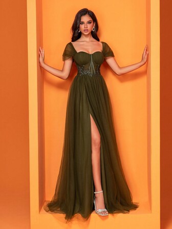 女式紧身胸衣鱼骨上衣手工花卉刺绣亮片修身性感高开叉加大 A 字形，可调节后肩带，穿着更方便，优雅奢华的女士长裙，让女性更年轻、更迷人，适合各种派对、毕业典礼、婚礼、活动和各种宴会和舞会，女士正式舞会礼服（豪华版）派对礼服婚礼宾客礼服晚礼服