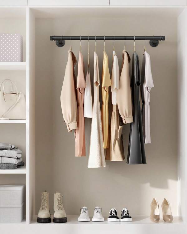 SONGMICS Barra Appendiabiti da Parete, Set da 2, Tubo Attaccapanni da Muro, Stile Industriale, Salvaspazio, Portata di 60 kg, Facile da Montare, Acciaio, Nero