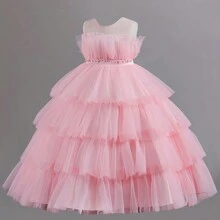 Young Girl Princess Style Mesh Sleeveless Puffy Cake Party Dress - Pink - View 4