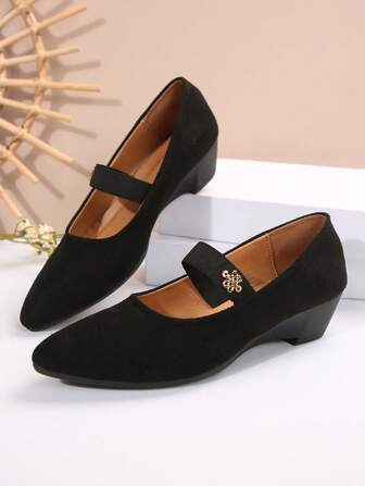 Women's Elastic Strap Strap Wedge Soft Sole Comfortable Pointed Toe Black Canvas Flat Shoes, Plus Size