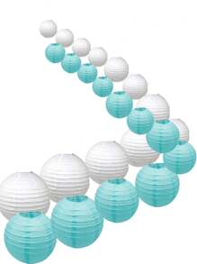 24PCS Mixed Sizes White And Light Blue Paper Lanterns Assortment - White and Light Blue - View 2