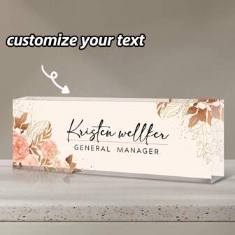 Placa de mesa personalizada em acrílico com design floral (1 unidade) - 22 estilos - Placa de mesa personalizada gravada para escritório, ideal para homens e mulheres - Elegante bloco de acrílico transparente - Perfeita para presentear chefes, professores e colegas de trabalho, decoração personalizada para escritório, presente ideal para chefes, professores, advogados, médicos e colegas - Ideal para inauguração de casa, Natal, Dia de Ação de Graças, presentes personalizados e presentes de fim de ano.