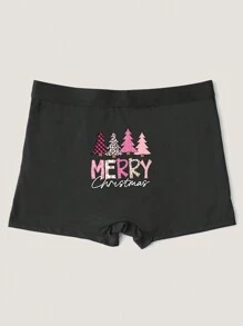 Plus Size Men's S-XXXXL Christmas Tree Printed Briefs, Cute Cartoon Pattern, Christmas Happy Boxer Shorts - Black - View 3