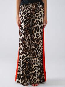 Women Leopard Patchwork Contrast Color Casual Loose Fit Pants, Suitable For Vacation Outfits - Brown - View 5