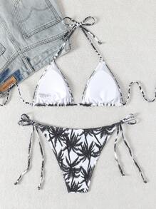 Bộ bikini quây kiểu Bohemian dành cho nữ, họa tiết cây cọ, dây buộc bên hông, chất liệu co giãn cao, thích hợp cho kỳ nghỉ hè trên bãi biển. - đen - Xem 4