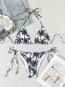 Bộ bikini quây kiểu Bohemian dành cho nữ, họa tiết cây cọ, dây buộc bên hông, chất liệu co giãn cao, thích hợp cho kỳ nghỉ hè trên bãi biển. - đen - Xem 3