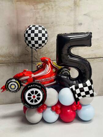 30 件/套 32 英寸黑色数字 0-9 生日派对装饰气球、赛车主题、巨型红色赛车铝箔气球、17 英寸轮胎气球、18 英寸黑白格纹气球、10 英寸红色/马卡龙蓝色/复古白色乳胶气球，适用于生日派对装饰、迎婴派对