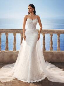 Elaborate Lace Sleeveless Bandeau Vintage Mermaid Long Wedding Dress With Chiffon,Bride