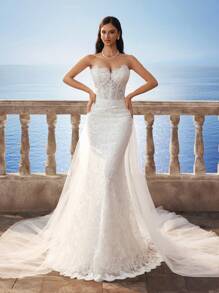 Elaborate Lace Sleeveless Bandeau Vintage Mermaid Long Wedding Dress With Chiffon,Bride