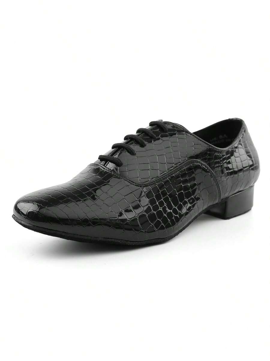 Men's Latin Dance Shoes 1 Inch Leather Sole Ballroom Salsa Tango Waltz Character Shoe-Black Patent Croco - 黑色 - 查看 1