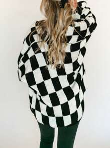 Women's Fall Knit Cardigan Plaid Print Long Lantern Sleeve Open Front Loose Sweater Jacket - 黑色 - 查看 4