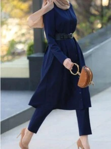 Women 2pcs Solid Color Long Sleeve Long Pants Arabic Clothing Set - Navy Blue - View 1