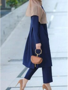 Women 2pcs Solid Color Long Sleeve Long Pants Arabic Clothing Set - Navy Blue - View 3