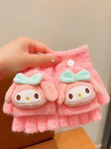 Sanrio 2024 Hello Kitty, Kuromi, Cinnamoroll 3 Packs European & American Academia Style Warm Flip-Top Fingerless Gloves For Men & Women Students, Plush Cartoon Light And Soft Half Finger Writing Accessories, Autumn/Winter