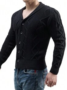 Men's Textured Knit Button-Up Cardigan Sweater, Thick Long Sleeve Fisherman Casual Sweater For Winter - màu đen - Xem 5