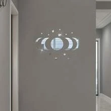 20pcs/Set Decorative Art Style Acrylic Wall Stickers, 3D Mirror Moon & Star Wall Decor For Ramadan, Plaid Pattern, Self-Adhesive, Single Use, Crystal Decor, Space Theme, Asymmetrical Shape, Glossy Surface, Suitable For Living Room Background, Glass Surface - No Electricity Or Battery Required