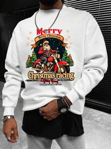 Men's Regular Fit Christmas Letter Print Long Sleeve Sweatshirt, Spring Autumn - White - View 2