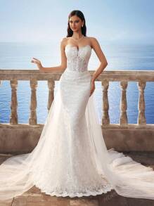 Elaborate Lace Sleeveless Bandeau Vintage Mermaid Long Wedding Dress With Chiffon,Bride