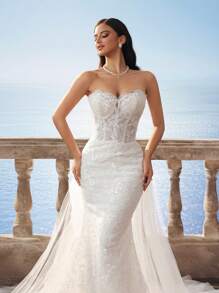 Elaborate Lace Sleeveless Bandeau Vintage Mermaid Long Wedding Dress With Chiffon,Bride