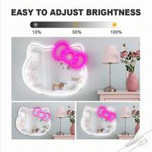 Sanrio Enseigne lumineuse au néon Sanrio Hello Kitty chat avec miroir mural et bande LED réglable - En plastique, à fixer au mur, avec interrupteur, polyvalent, alimenté par USB, sans fil, sans batterie, éclairage blanc - Pour chambre, coiffeuse, salle de séjour, chambre d'enfant, cadeau pour toute la journée