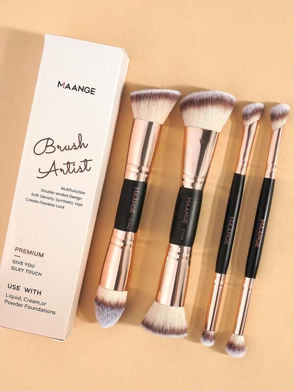 MAANGE 2/4/5Pcs Professional Facial Double-Ended Makeup Brush Set With Paper Box,Bevel&Taper Foundation Brush Contour Brush Blush Brush Powder Brush Eyeshadow Brush Concealer Brush Highlight Brush Smudge Brush,Makeup Tools With Soft Fiber For Easy To Carrying,Set For Travel,Gift For Women&Girls
