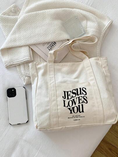 Letter Print Shopping Bag, Multi-Pocket Casual Bag, Retro Letter Print Tote Bag, Jesus Loves You Christian Print Cosmetic Bag, Large Capacity Handbag, Casual Shoulder Crossbody Bag, Suitable For Graduates, Teenagers, College Students (Freshman, Sophomore, Junior, Senior), Great For Outdoor Activities, Travel, Back To School, Teacher Gift Pencil Case, Birthday Gift For Best Friends, Backpack