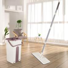Set de 2 serpillères - Balai plat 360°, seau compact, manche extra long en acier inoxydable de 115 cm, 2 serpillières en microfibre - pour toutes les surfaces lisses (set de serpillères) - Kaki - Voir 2
