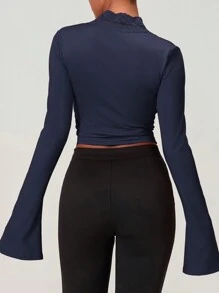 Women's Spring Tops Slim Lace Trim Deep V Neck Bell Sleeve Crop Shirt Casual Streetwear - 藍色 - 查看 2