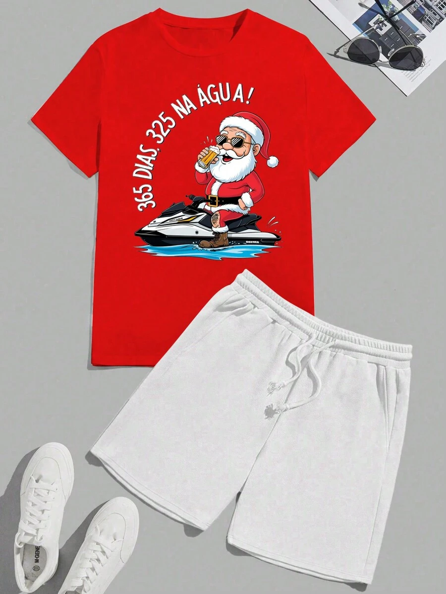Men's Christmas Set Men's Streetwear T-Shirt + Printed Bermuda Sweatshirt Kit - Đỏ - Xem 1