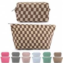 2 pezzi Borsa porta trucchi grande in tela a quadri, borsa da toilette per viaggio con grande capacità, accessori estetici per organizzare pennelli trucco, borsa per lo stoccaggio per donne, mix a quadri verde