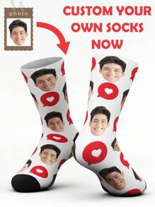 1 Pair Customized Face Design Funny Mid-Calf Socks, For Men And Women, Personalized With Photo Of Handsome Guy Or Beautiful Girl, Interesting Customized Picture Couple Mid-Length Socks, Suitable As Gifts For Valentine's Day, Birthday, And Other Occasions - Multicolor - View 3