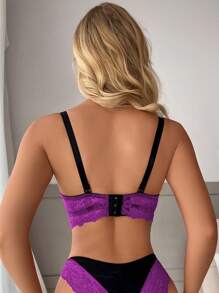 Fashionable Lace Contrast Color Balconette Lingerie Bra & Panty Set, Seamless Supportive Underwear Set For Women, B Cup