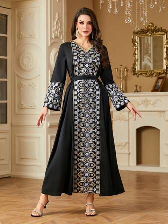 Women's Elegant Solid Color High-Quality Sequin Floral Embroidered Robe, Middle Eastern Arabic Abaya
